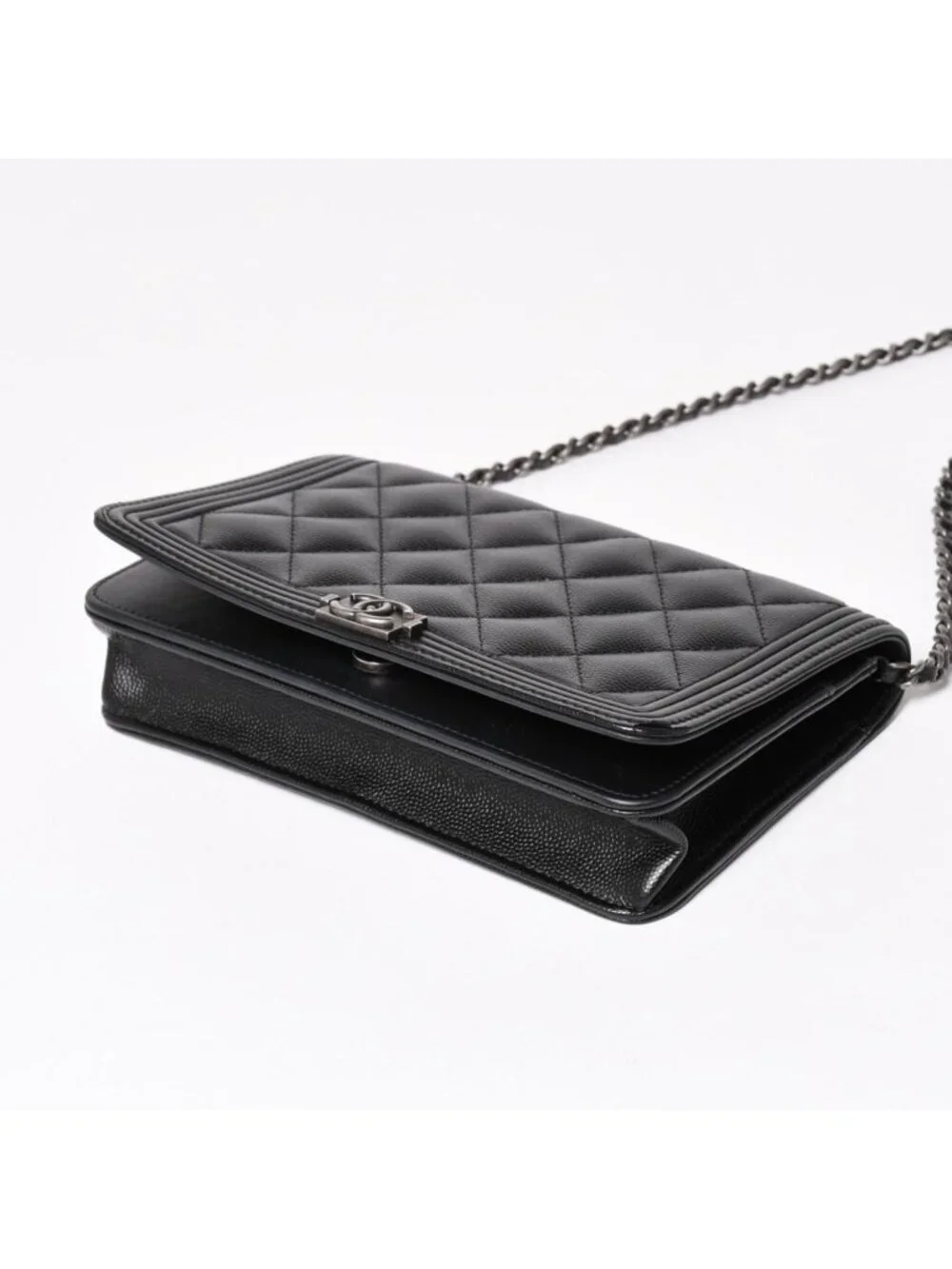 Chanel Boy Chain Shoulder Bag Caviar Leather CC Logo Black Silver